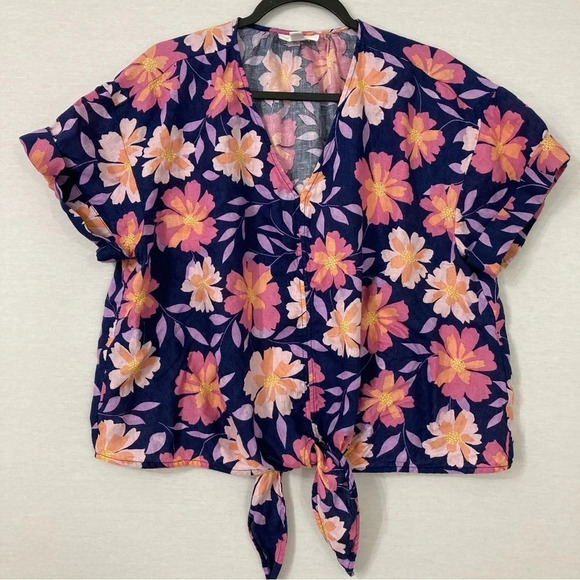Charter Club Navy Pink Floral 100% Linen Tie Front Short Sleeve Button Down XL - Picture 1 of 10